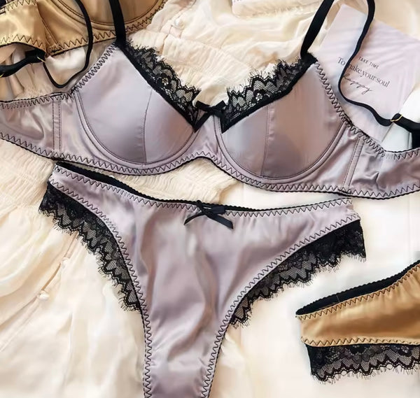 Women Sexy Satin Lace Bow Lingerie Set