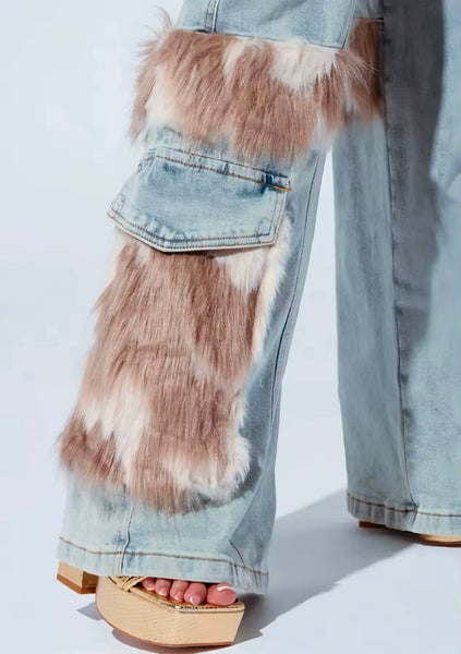 Women Fashion Faux Fur Patchwork Cargo Denim Pants