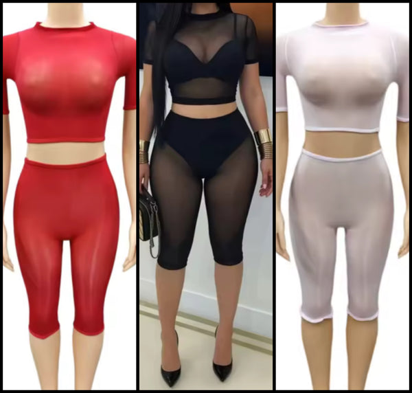 Women Sexy See Through Mesh Two Piece Capri Pant Set