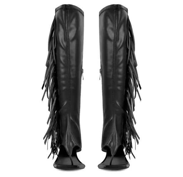 Women Fashion Open Toe Fringe Tassel Knee High Boots