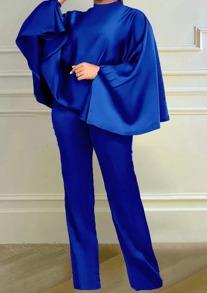Women Sexy Satin Solid Color Batwing Two Piece Pant Set