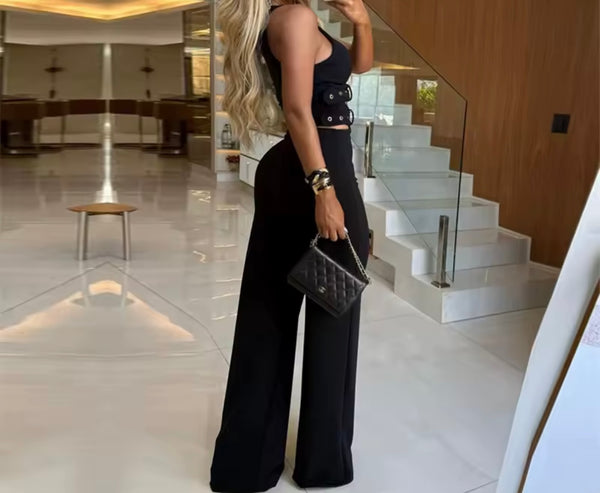 Women Sleeveless Buckled Crop Two Piece Fashion Pant Set