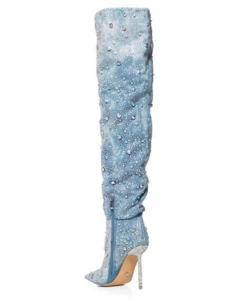 Women Fashion Ruched Bling Rhinestone Knee High Denim Boots