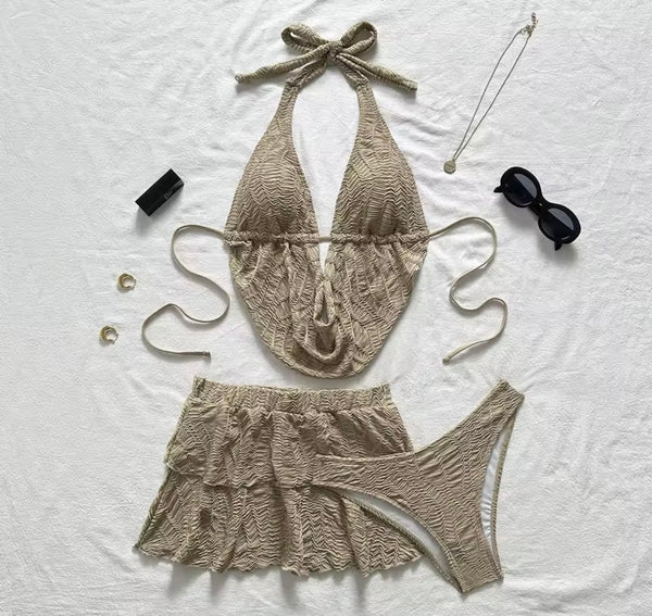 Women Sexy Halter Bikini Skirt Cover Up Set