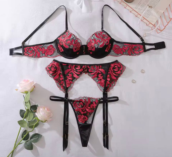 Women Black Sexy Red Floral Mesh Lingerie Set