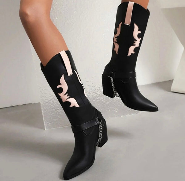 Women Fashion Faux Leather Color Patchwork Chain Western Boots