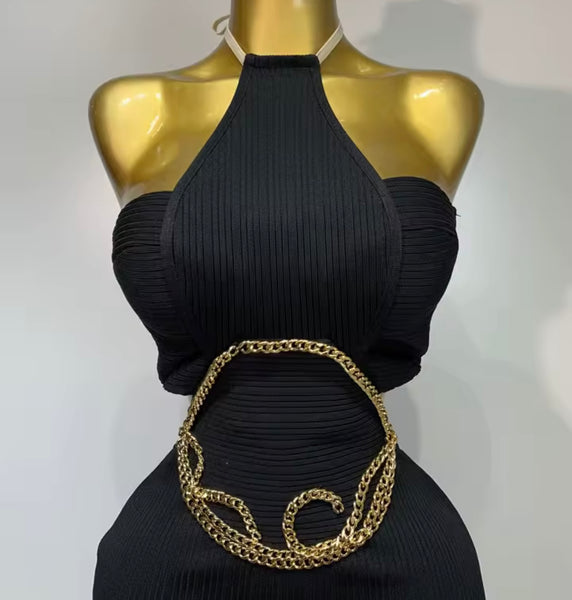 Women Black Halter Sleeveless Sexy Gold Chain Bandage Maxi Dress