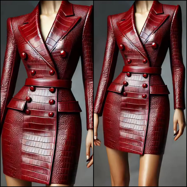 Women Sexy Fashion Faux Leather Full Sleeve Burgundy Blazer Dress