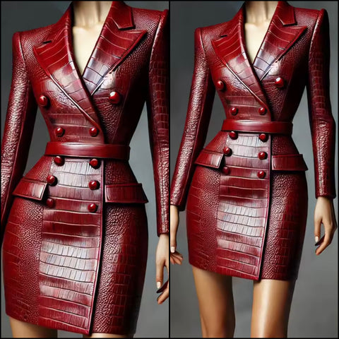 Women Sexy Fashion Faux Leather Full Sleeve Burgundy Blazer Dress