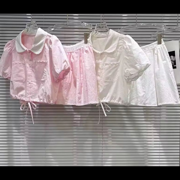 Women Collar Button Up Short Sleeve Sexy Two Piece Skirt Set