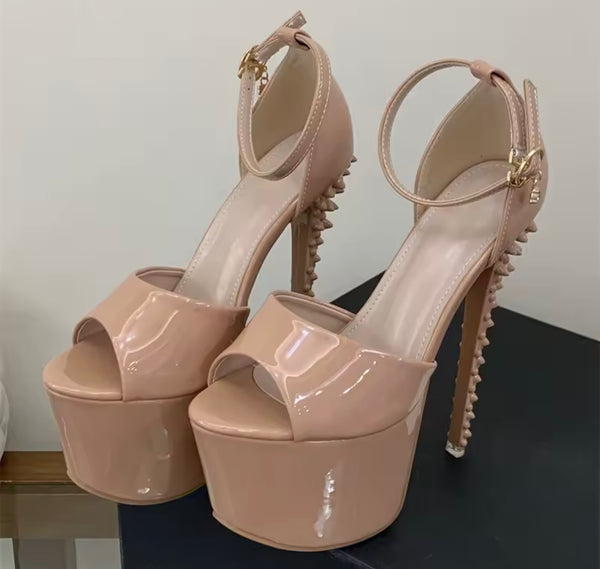 Women Fashion Open Toe Patent Leather Platform Rivet High Heels