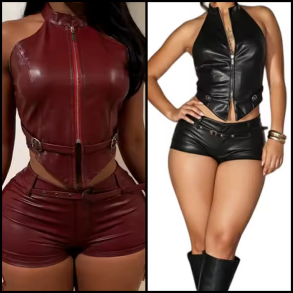 Women Fashion Zip Up Halter PU Leather Two Piece Short Set