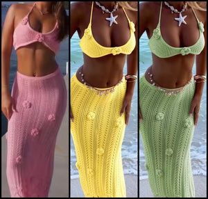 Women Sexy Halter Sleeveless 3D Floral Knitted Two Piece Maxi Skirt Set