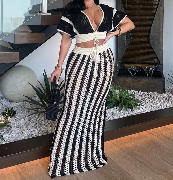 Women Sexy Color Patchwork Short Sleeve Knitted Two Piece Maxi Skirt Set