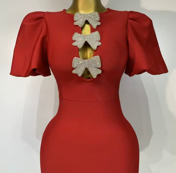 Women Red Bling Bow Short Sleeve Maxi Dress