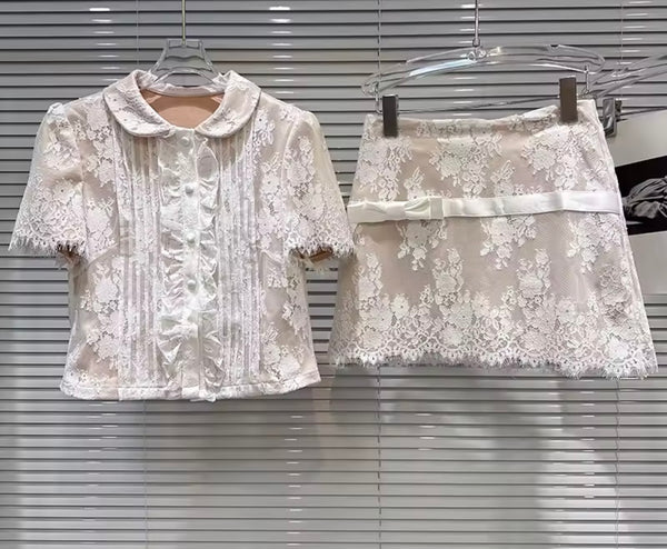 Women Button Up Lace Bow Short Sleeve Two Piece Skirt Set