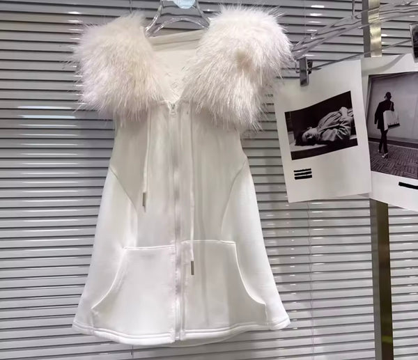 Women Fashion Fur Patchwork Zip Up Three Piece Pant Set