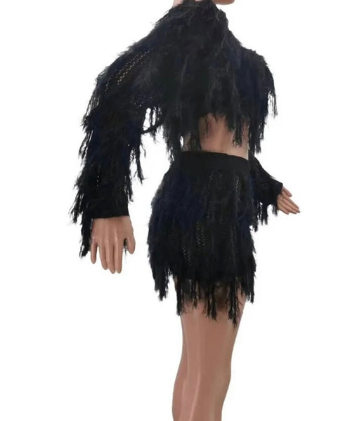 Women Sexy Fringe Full Sleeve Two Piece Skirt Set