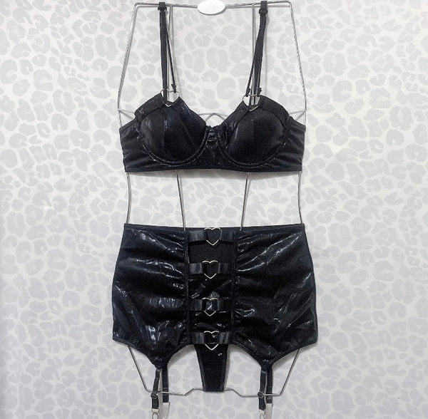 Women Sexy Black Metal Heart Lingerie Set