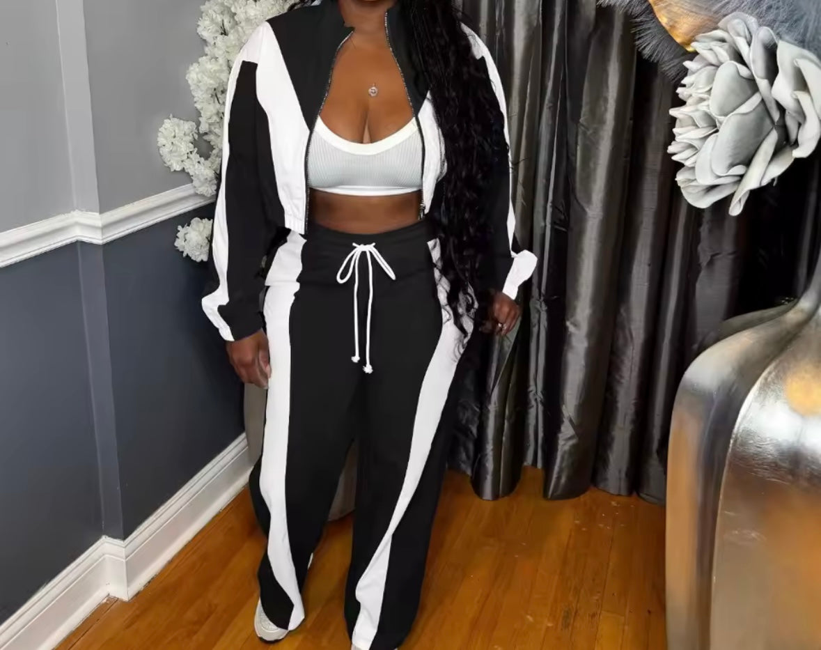 Women Fashion Zip Up Striped Tracksuit Two Piece Pant Set