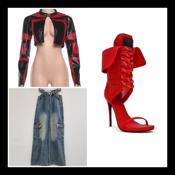 Women Fashion Cut Out Wide Leg Cargo Denim Pants