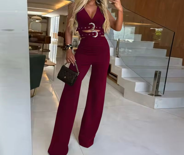 Women Sleeveless Buckled Crop Two Piece Fashion Pant Set
