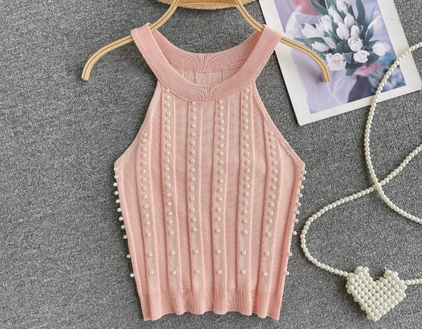 Women Fashion Sleeveless Pearl Crop Top