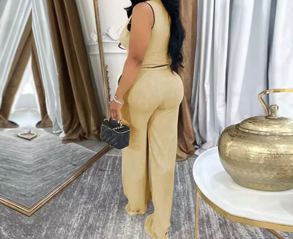 Women Fashion Sleeveless Striped Vest Two Piece Pant Set