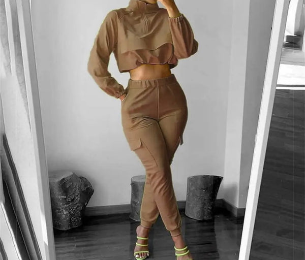 Women Fashion Full Sleeve Crop Two Piece Cargo Pant Set