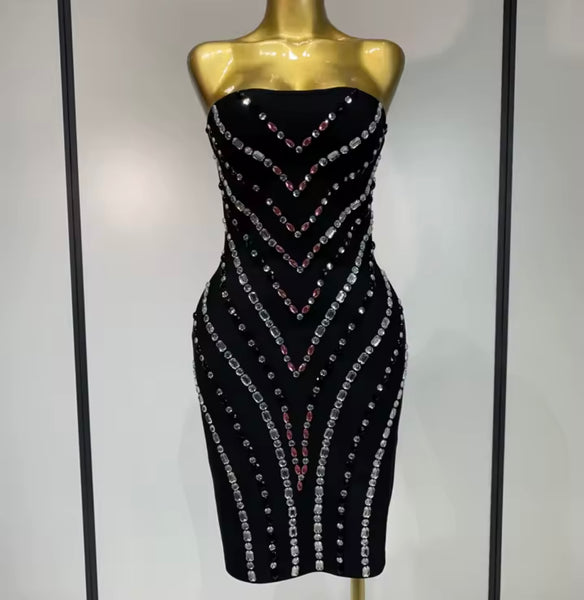 Women Black Sexy Strapless Rhinestone Dress