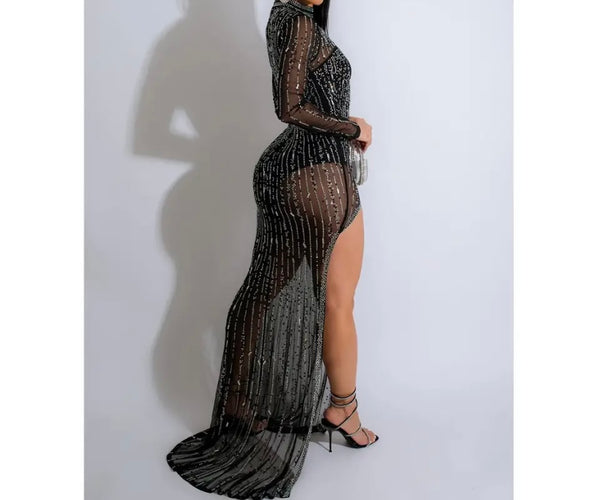 Women Sexy Black Bling Full Sleeve Mesh Maxi Dress