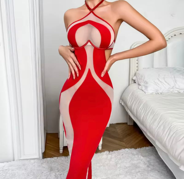 Women Red Mesh Patchwork Sexy Nightgown Lingerie Set