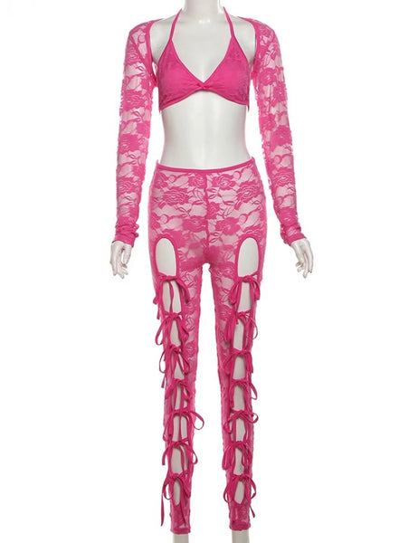 Women Sexy Cut Out Tie Up Three Piece Lace Pant Set