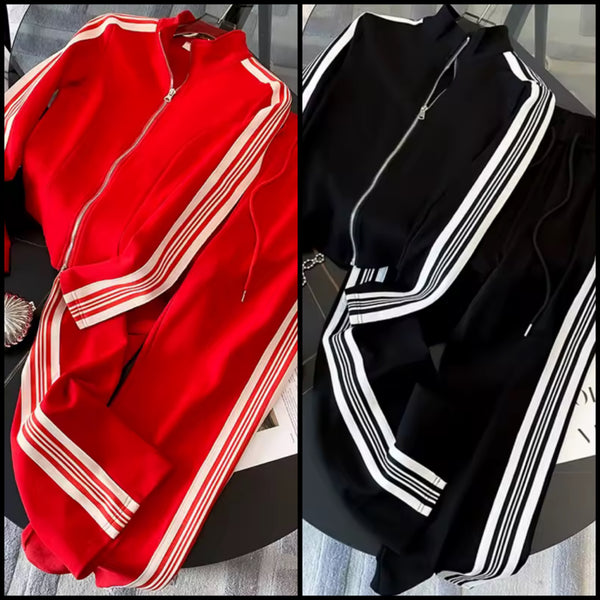 Women Zip Up Striped Fashion Tracksuit Two Piece Pant Set