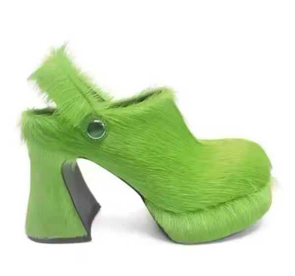 Women Color Fashion Furry Platform Slide On High Heel Shoes