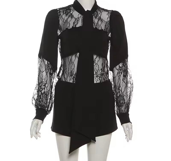 Women Black Lace Patchwork Full Sleeve Belted Fashion Romper