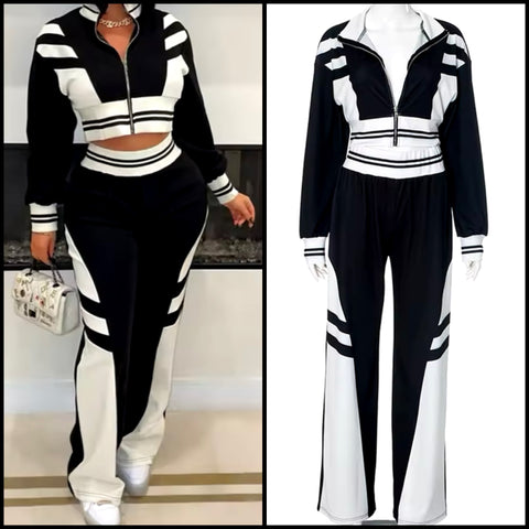 Women Fashion B&W Zip Up Two Piece Tracksuit Pant Set