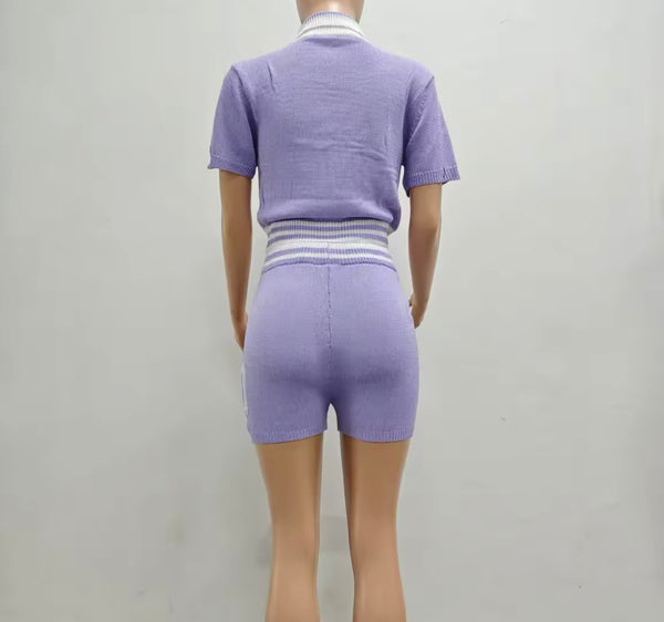 Women Fashion Number Short Sleeve Color Patchwork Two Piece Short Set