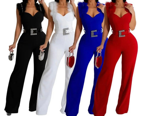 Women Sexy Ruffled Sleeveless Belted Jumpsuit