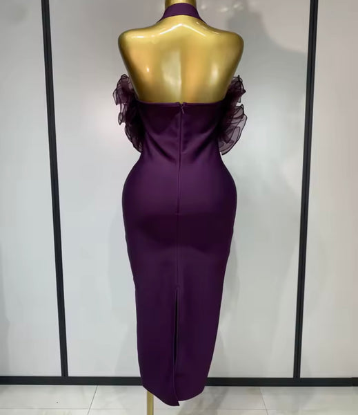 Women Sexy Purple Halter Ruffled Maxi Dress