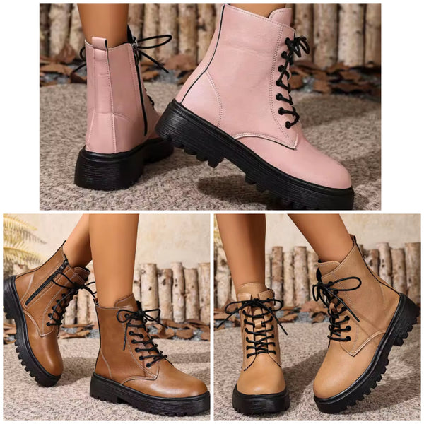 Women Fashion Zipper Lace Up Flat Ankle Boots