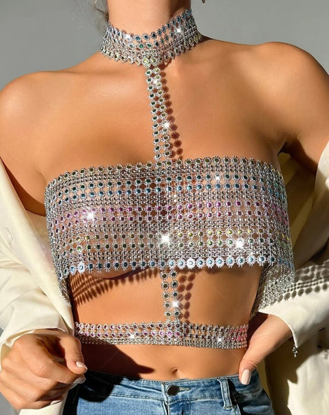 Women Fashion Halter Sleeveless Bling Open Back Crop Top