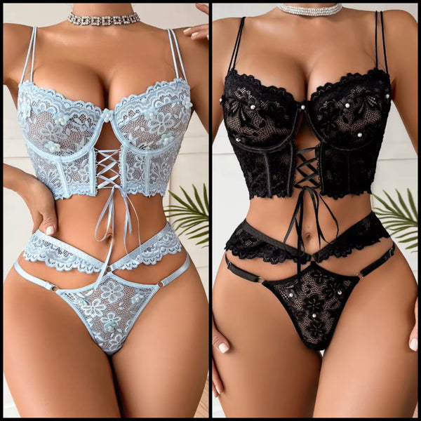 Women Sexy Bling Lace Tie Up Lingerie Set