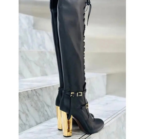 Women Black Gold Heel Fashion Lace Up Thigh High Boots