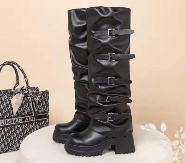 Women Black Buckled Platform Fashion Knee High Boots