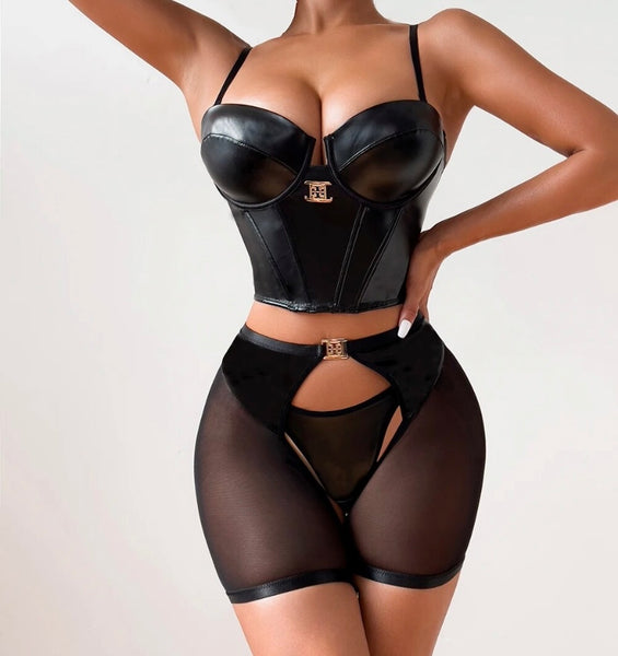 Women Black Sexy PU Mesh Lingerie Set