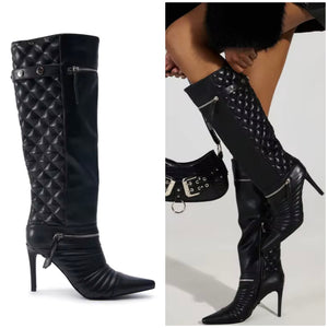 Women Fashion Black High Heel Zipper Knee High Boots