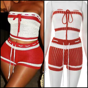 Women Sexy Tie Up Strapless Color Patchwork Knitted Two Piece Short Set