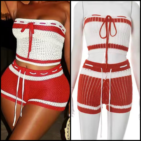 Women Sexy Tie Up Strapless Color Patchwork Knitted Two Piece Short Set