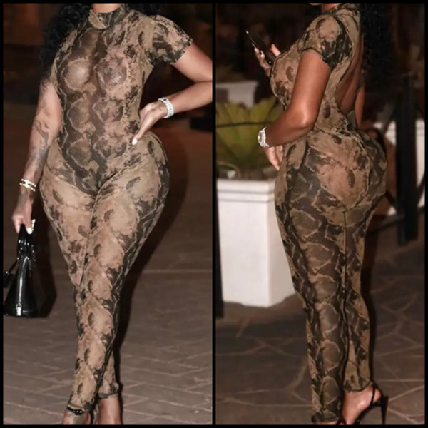 Women Sexy Snake Print Short Sleeve Open Back Mesh Jumpsuit